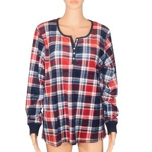 Nautica Plaid Long Sleeve Henley Pajama Top Silky Stretch Micro Fleece SZ Med